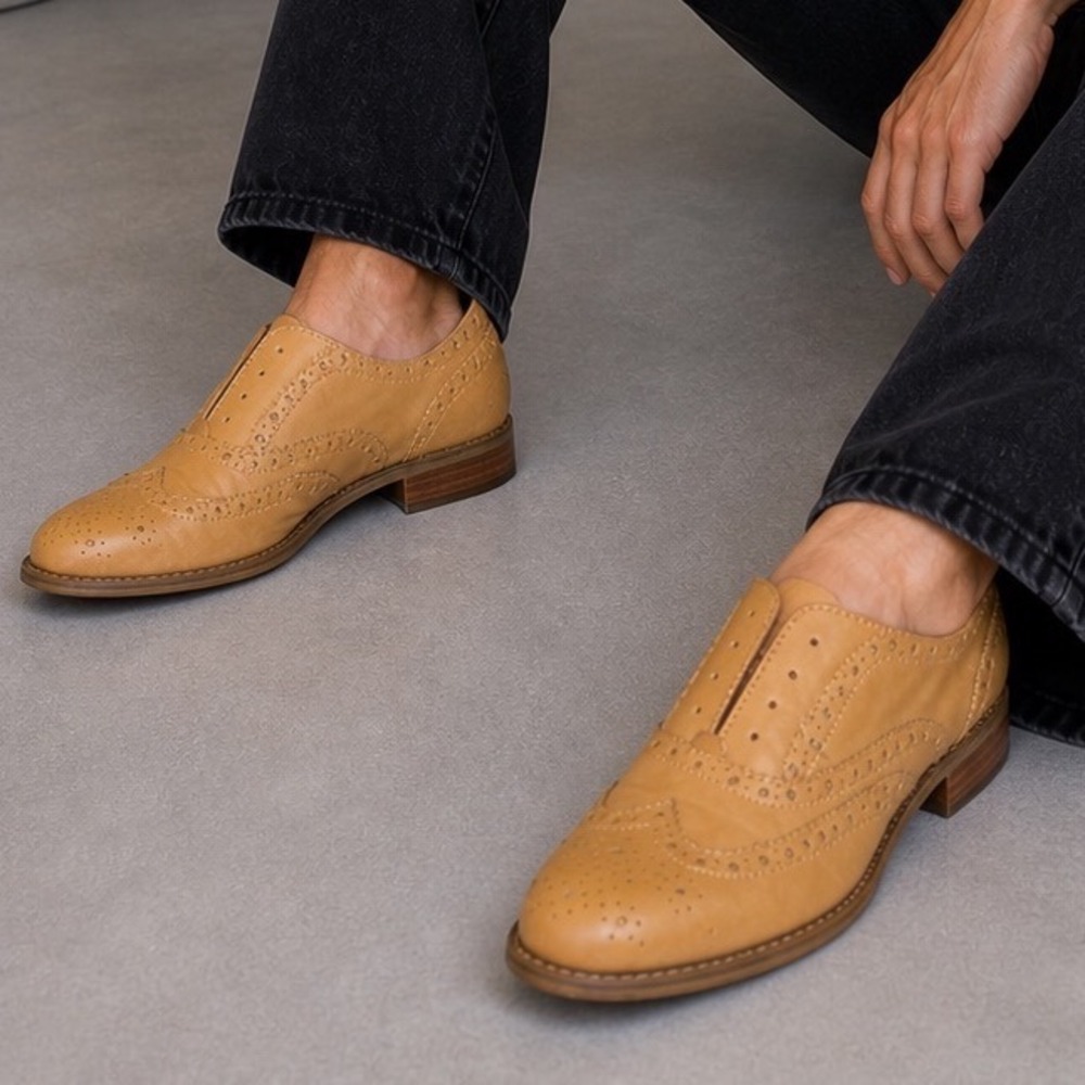 Melrose and Market Tan Brogue Wingtip Laceless Oxford Shoes 10M